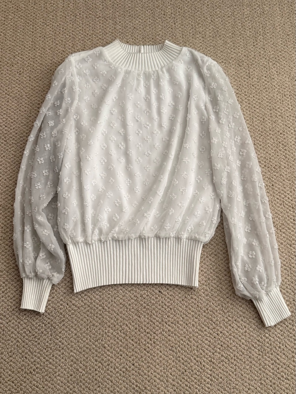 THML White Floral Mesh Puff-Sleeve Crew Sweater